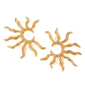 Elegant gold plated stainless steel sunburst earrings with radiant wavy sun pattern