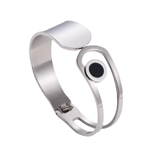 Modern wide titanium steel bangle with black round inlay and open silver finish