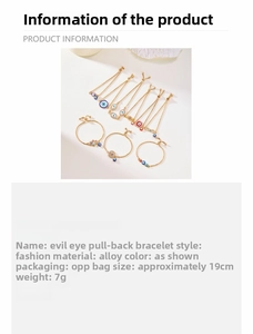 Detail showing adjustable evil eye alloy bracelet specifications and 19cm size dimensions