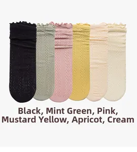 Detail of 6 pairs of breathable mesh socks with ruffled cuffs in various pastel colors