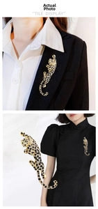 Detailed view of leopard brooch with inlaid crystals on suit lapel and traditional dress