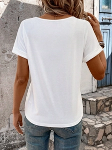 Minimalist white V-neck short sleeve T-shirt shown from the back view on a model