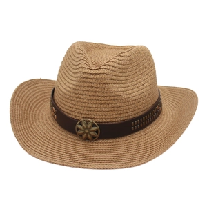 Chapeau De Cowboy En Paille À Bord Large Protection Solaire Été Chapeau De Plein Air Avec Bande En Cuir Et Rivets