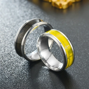 Detail shot of black and yellow heart rate rings with polished titanium steel finish