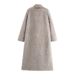 Long grey faux fur coat for women featuring a minimalist back view and plush texture