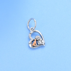 925 sterling silver heart charm with orange cat girl motif and white sparkling crystals