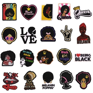 Afro Black Girl Embroidered Patch Iron On Polyester Slogan Queen Melanin Poppin For Clothing Bags DIY Decor