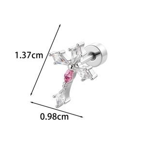 Silver cross stud earring with pink zircon centerpiece and diamond-shaped accents