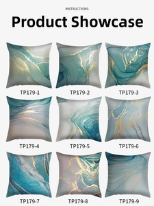 Detailed grid of nine marble texture cushion covers with abstract blue and gold flow patterns