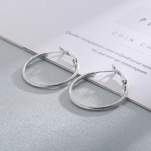 Silver twisted hoop earrings made of titanium steel featuring a minimalist textured design