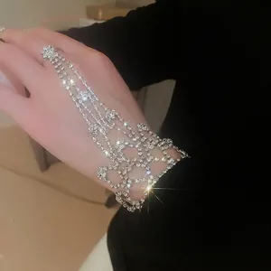 Sparkling silver diamond hand harness bracelet with flower ring for women