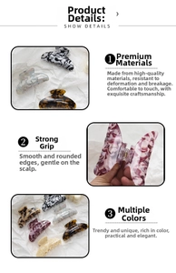 Detail view of leopard print acetate hair claws with round teeth for smooth styling