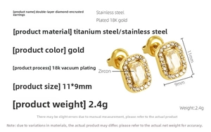 Detailed specs of double-layer stainless steel earrings with zircon and 18K gold plating
