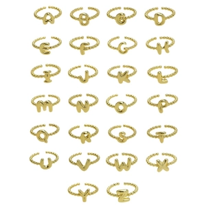 Adjustable 18K gold alphabet rings featuring bubble bead bands from A to Z in grid layout