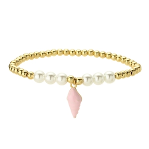 Bracciale a sfere dorate con perle bianche e ciondolo a conchiglia rosa su sfondo bianco