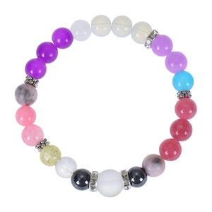 Colorful natural stone beaded bracelet with sparkling crystal spacers on white background