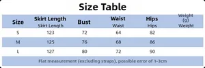 Size chart table for strapless slim long dress with bust, waist and hip measurements