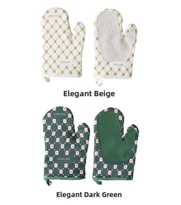 Detail of insulated oven mitts showing floral patterns and anti-slip palm texture