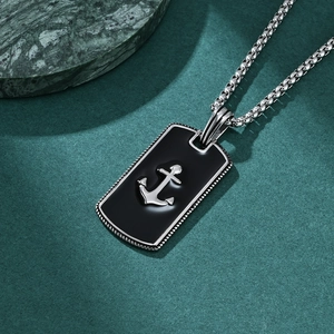 Mens hip hop silver anchor pendant necklace with black enamel inlay on green marble