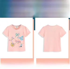 Front and back view of girls light pink cotton t-shirt with colorful cartoon horse prints