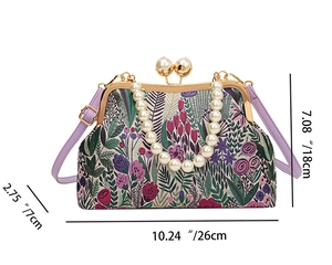 Detaillierte Maße der floralen Brokat-Handtasche mit Perlengriff und lila Gurt