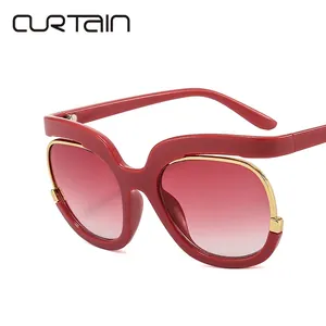 Fashion oversized red sunglasses for women with gradient lenses and gold metal trim frame