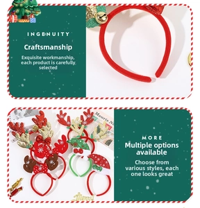 Detailed view of Christmas headbands with red sequin antlers and green festive hats