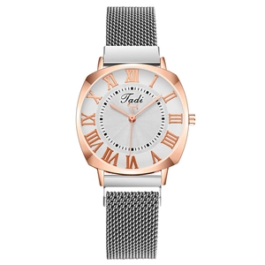 Fashionable women's watch with rose gold Roman numeral dial and silver Milanese strap