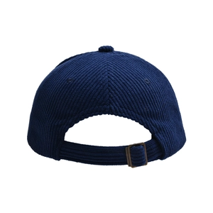 Close-up of navy blue corduroy baseball cap showing texture and metal adjustable buckle