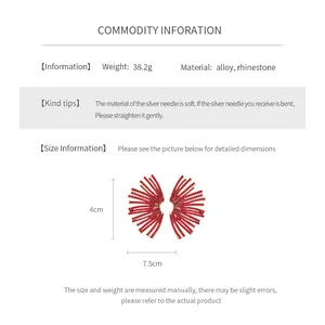 Detailed size chart for red fan-shaped rhinestone earrings with measurements and materials
