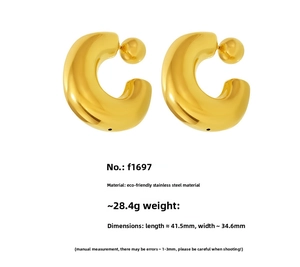 Polished gold PVD C-shape chunky stainless steel earrings with dimensions and weight info