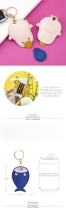 Detailed specs of cartoon leather keychains showing duck bee and shark shapes with size guide