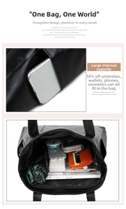 Detail of large capacity black tote bag showing spacious interior for essentials