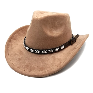 Classic camel faux suede cowboy hat with dark brown leather belt and metallic buckle