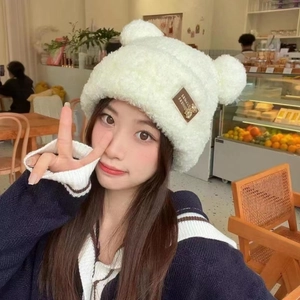 Cute ivory bear ear plush knitted hat for women featuring a thick fleece-lined design