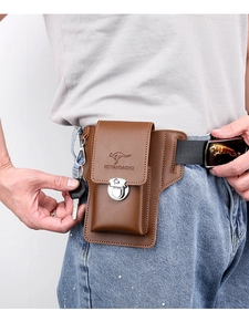 Brown leather belt pouch with metal buckle and kangaroo logo shown on waist for men