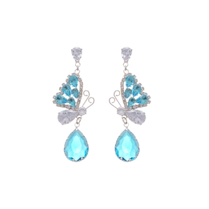 Silver butterfly earrings with blue zircon teardrop pendants for elegant women's jewelry