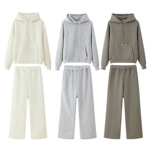 Women's lounge set featuring hooded long sleeve sweatshirt and wide leg pants in three colors