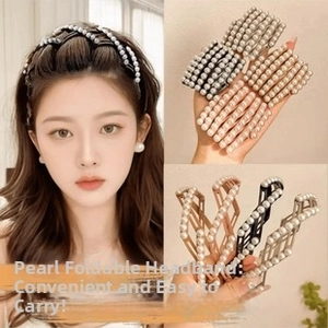 Detail view of the foldable pearl headband with portable design for women