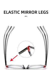 Detail of flexible eyewear hinges showing elastic mirror legs with multi-color frame