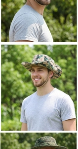 Detail of outdoor camouflage sun hat with wide brim and adjustable windproof strap