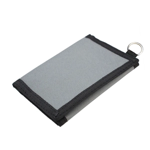 Gray camouflage polyester folding wallet with black trim and durable metal D-ring attachment
