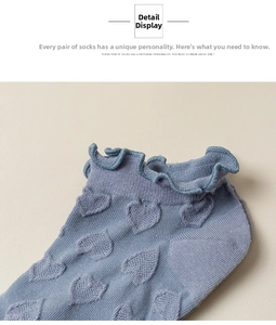 Close-up of frilly lettuce edge cuff and heart knit pattern on gray-blue cotton socks