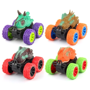 Friction powered dinosaur monster truck set featuring 4 colors of prehistoric vehicles