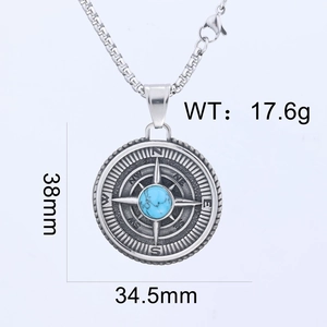Detail view of Viking compass pendant with turquoise stone showing 38mm size and 17.6g weight
