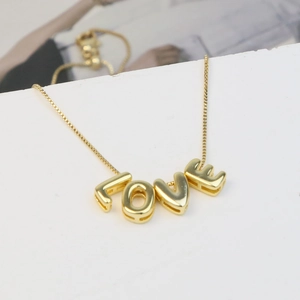 18k gold plated brass bubble letter LOVE pendant necklace with elegant box chain