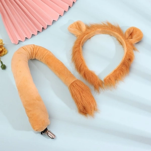 Flat lay of plush lion ears headband and tail set on a light blue textured surface