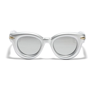 Cat eye matte silver sunglasses with metallic accents and gray reflective lenses