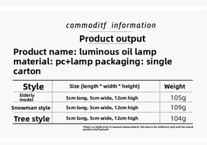 Size chart showing 12cm luminous Christmas oil lamps in Santa, Snowman and Tree styles