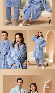 Detail view of double-sided thickened flannel robes with contrast piping and waist tie
